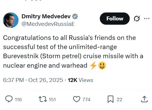 Медведев поздравил друзей России с успешным испытанием «Буревестника»