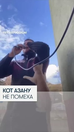 Кот взобрался на муэдзина во время азана