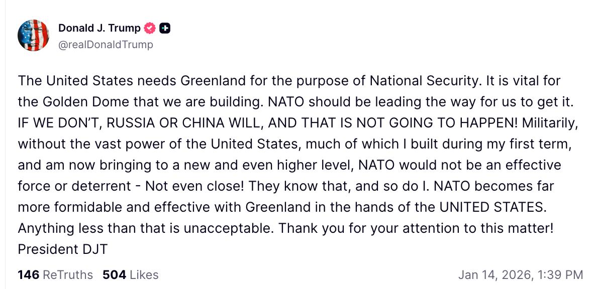 Трамп снова орёт капслоком: США позарез нужна Гренландия для "национальной безопасности", а на остальных плевать